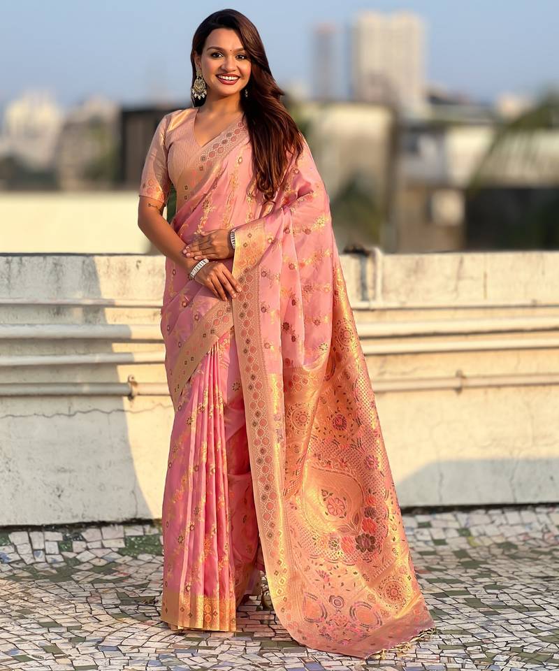 Pink color kora silk fabric woven leheria designer saree