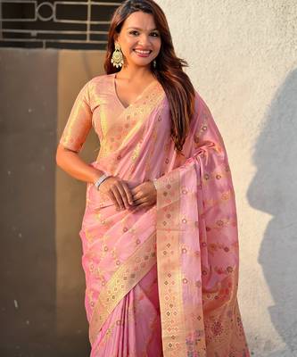 Pink kora silk blend woven leheria saree 3