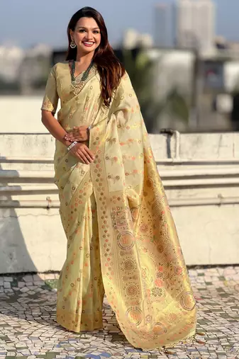 Pista color kora silk fabric woven leheria designer saree