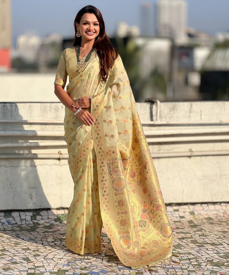 Pista color kora silk fabric woven leheria designer saree