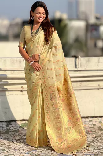 Pista kora silk blend woven leheria saree