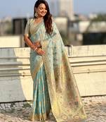 Sky blue color kora silk fabric woven leheria designer saree