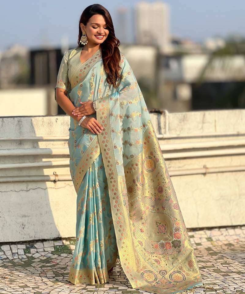 Sky blue color kora silk fabric woven leheria designer saree