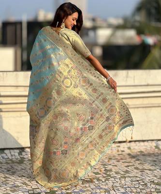 Sky blue kora silk blend woven leheria saree 2