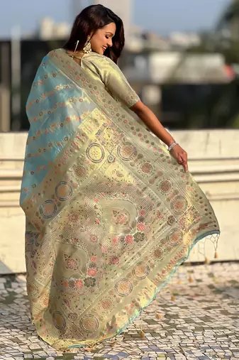 Sky blue kora silk blend woven leheria saree
