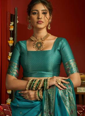 Sky blue woven paithani silk saree with blouse 5