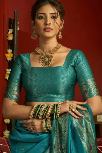 Sky blue woven paithani silk saree with blouse