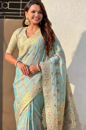 Sky blue kora silk blend woven leheria saree