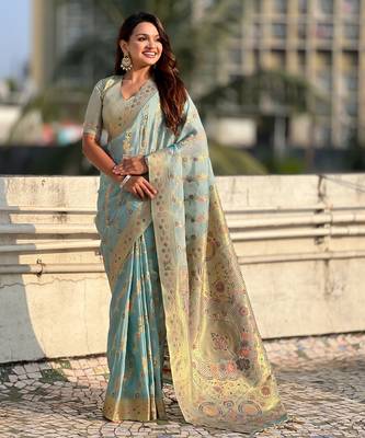 Sky blue kora silk blend woven leheria saree 4
