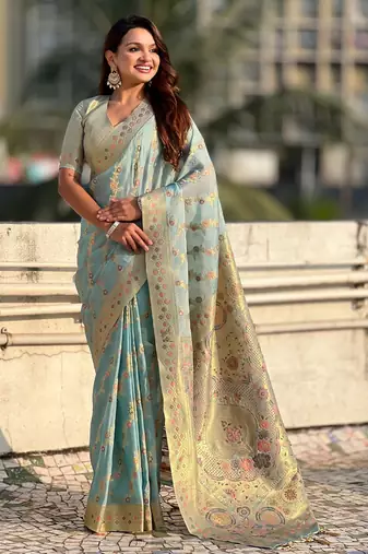 Sky blue kora silk blend woven leheria saree
