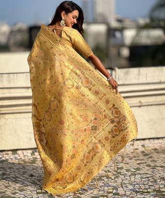 Yellow kora silk blend woven leheria saree 2