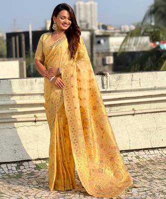 Yellow kora silk blend woven leheria saree 4