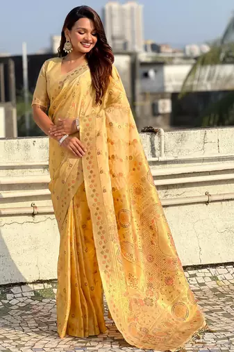 Yellow kora silk blend woven leheria saree