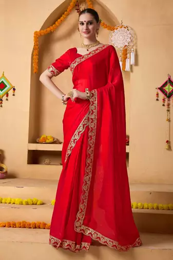 Red color heavy wedding special designer pre stitched saree