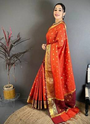 Dark Orange Color weaving butti work  tissue saree 1
