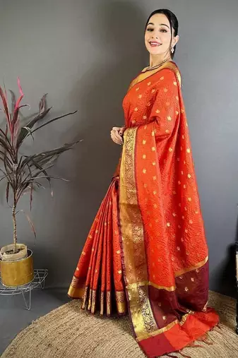 Dark Orange Color weaving butti work  tissue saree