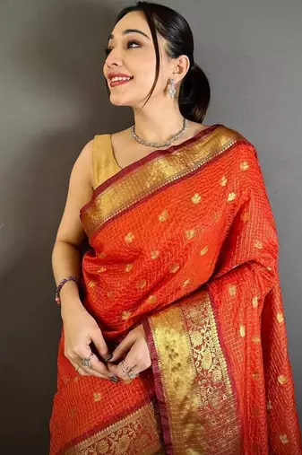 Dark Orange Color weaving butti work  tissue saree