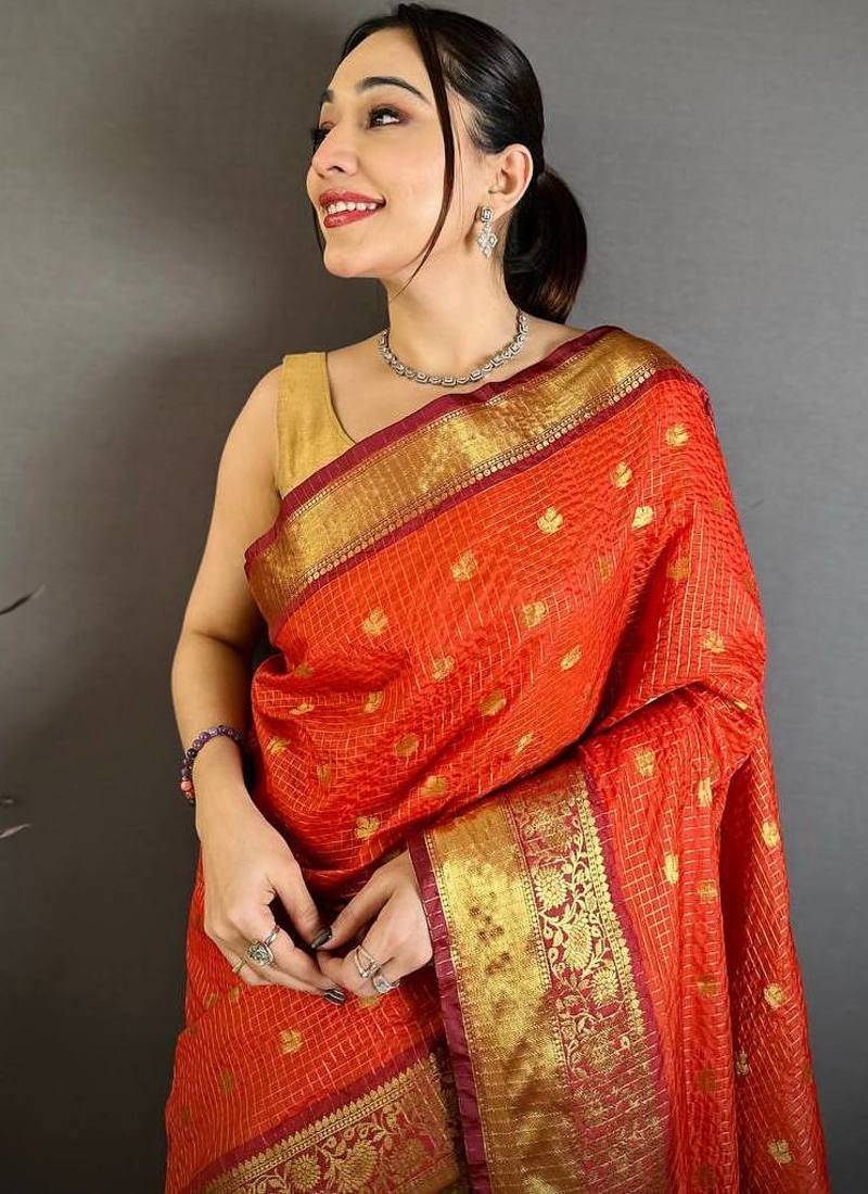 Dark Orange Color weaving butti work  tissue saree