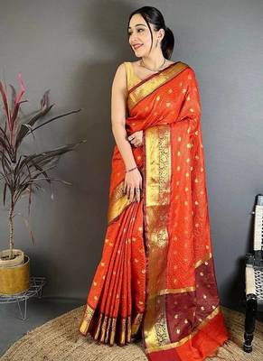 Dark Orange Color weaving butti work  tissue saree 3