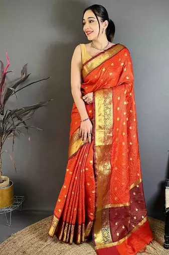 Dark Orange Color weaving butti work  tissue saree