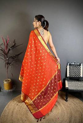 Dark Orange Color weaving butti work  tissue saree 4