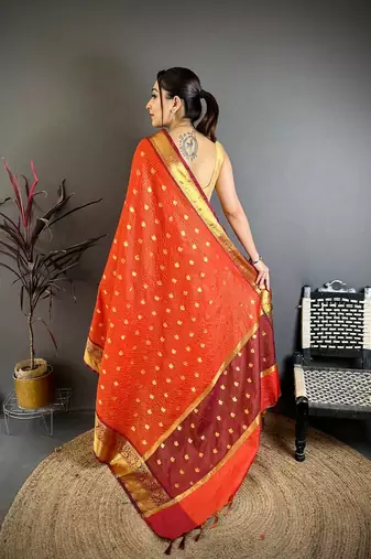Dark Orange Color weaving butti work  tissue saree