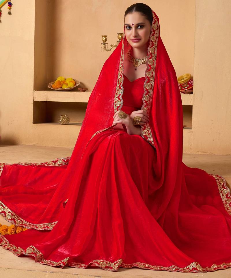 Red color heavy wedding special designer pre stitched saree
