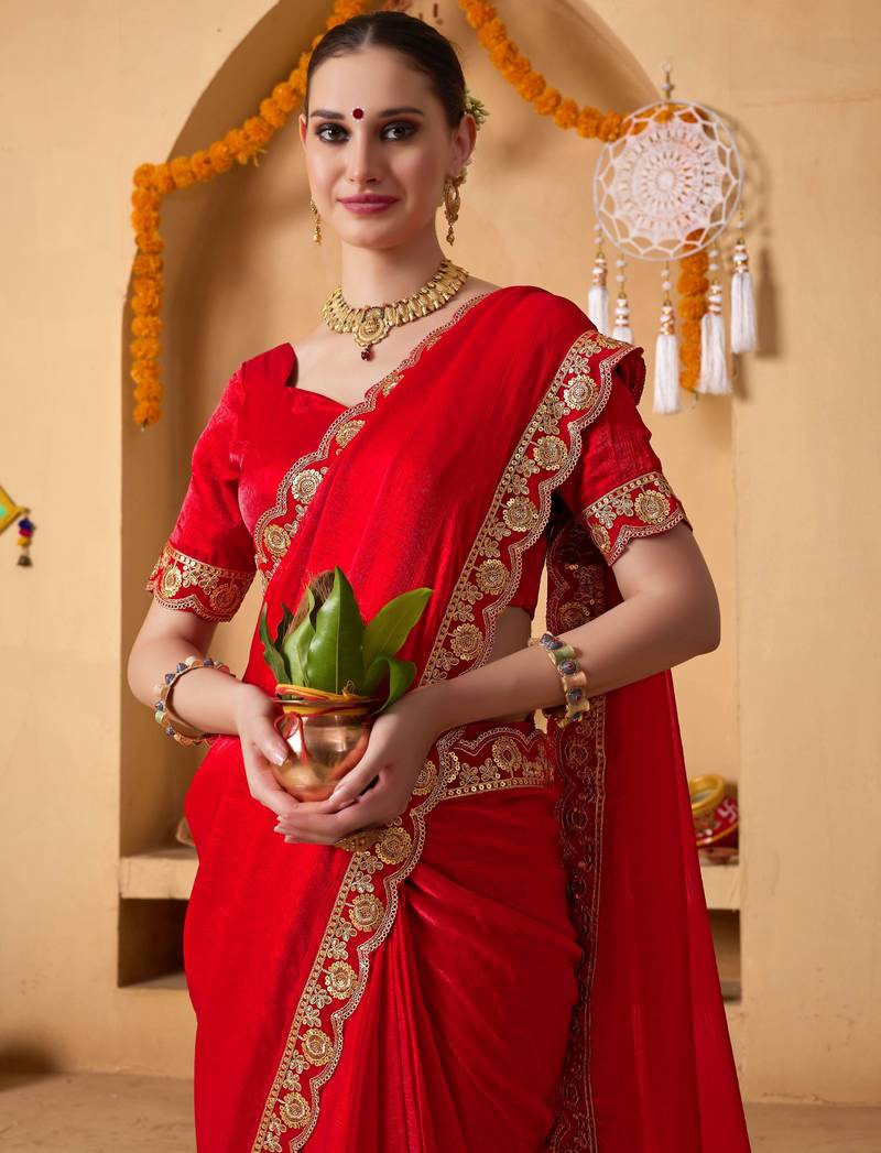 Red color heavy wedding special designer pre stitched saree
