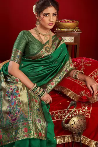 Green woven paithani silk saree with blouse