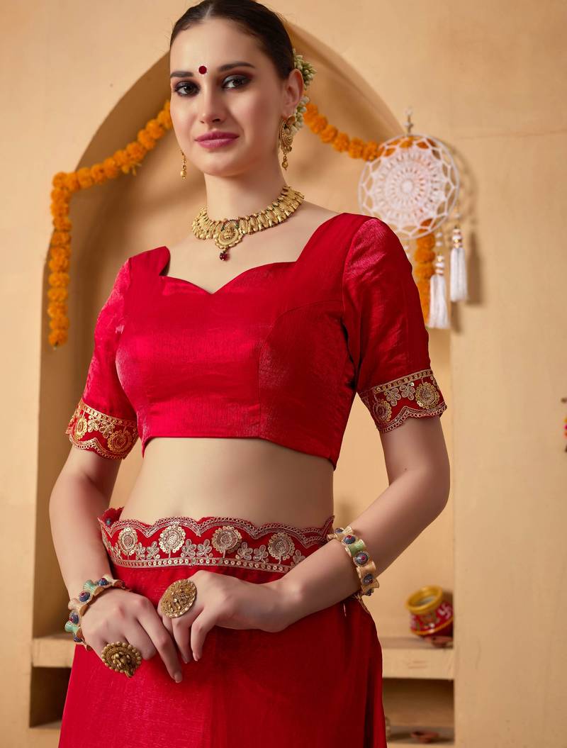 Red color heavy wedding special designer pre stitched saree