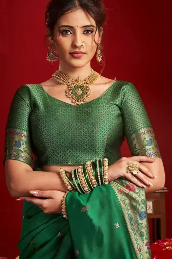 Green woven paithani silk saree with blouse