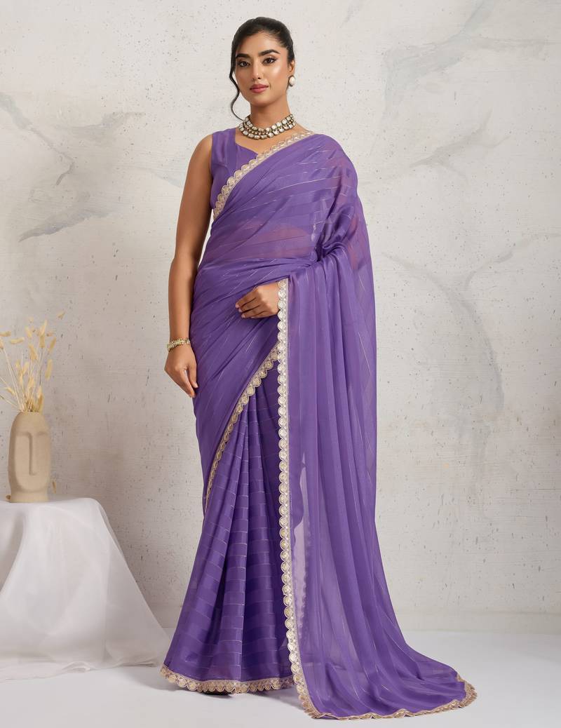 Purple color heavy wedding special designer pre stitched saree