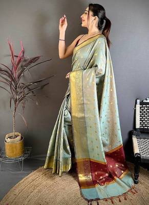 Grey Color weaving butti work  tissue saree 1
