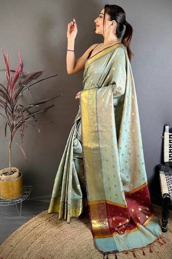 Grey Color weaving butti work  tissue saree