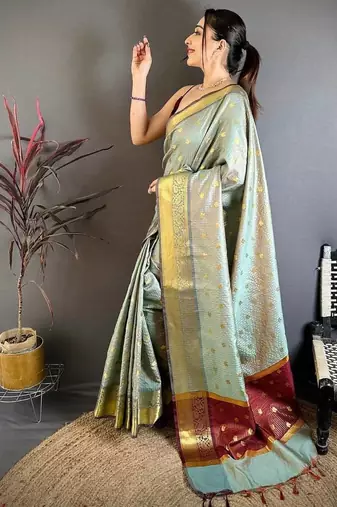 Grey Color weaving butti work  tissue saree