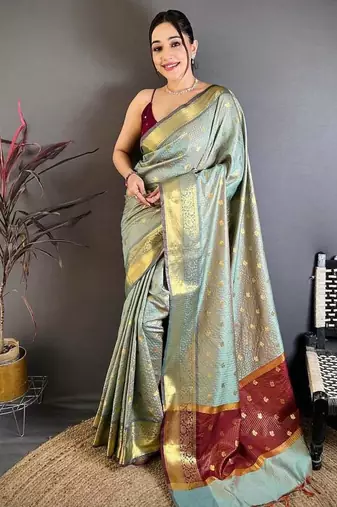 Grey Color weaving butti work  tissue saree