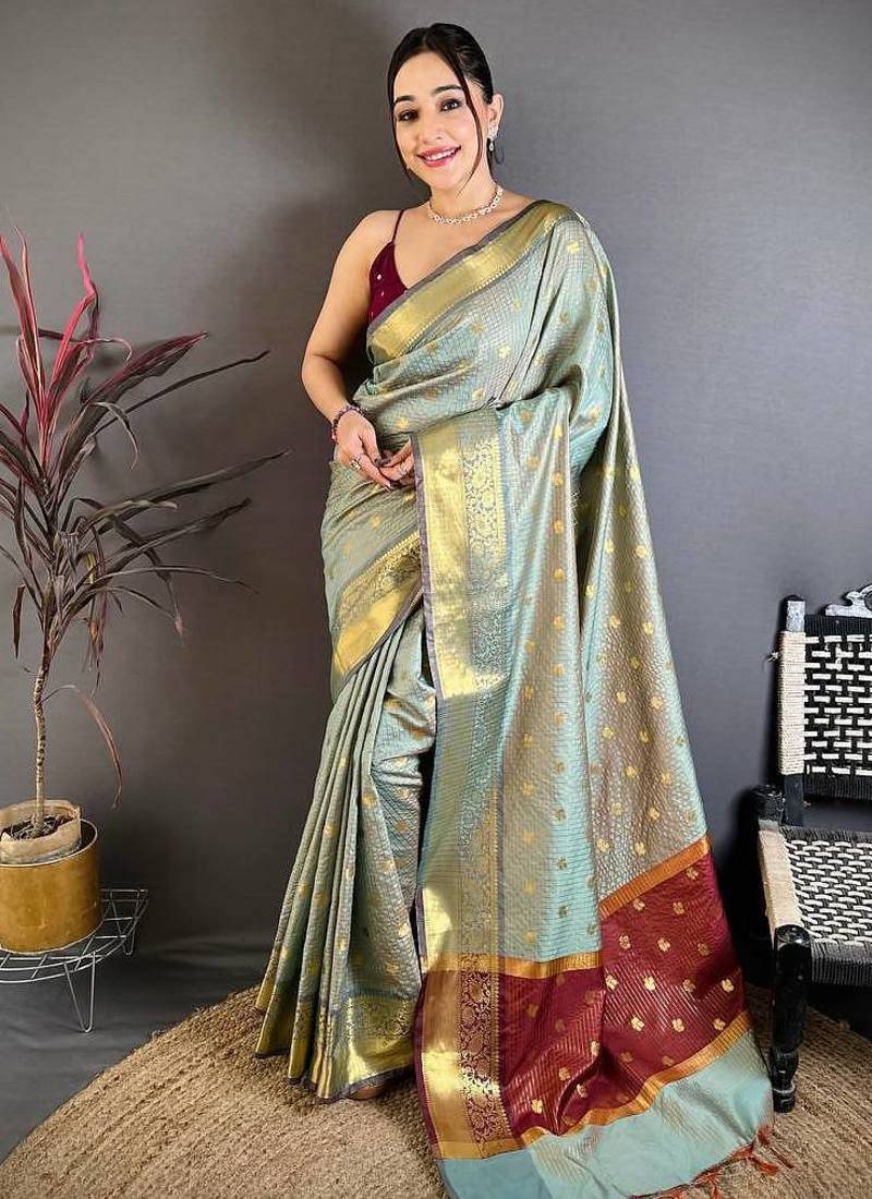 Grey Color weaving butti work  tissue saree