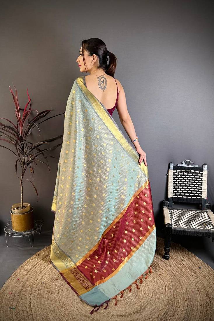 Grey Color weaving butti work  tissue saree
