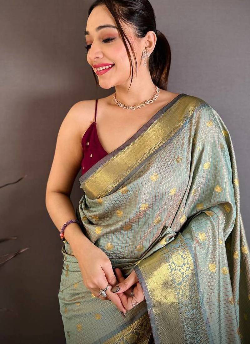 Grey Color weaving butti work  tissue saree