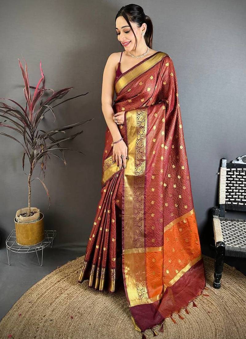 Maroon Color weaving butti work  tissue saree
