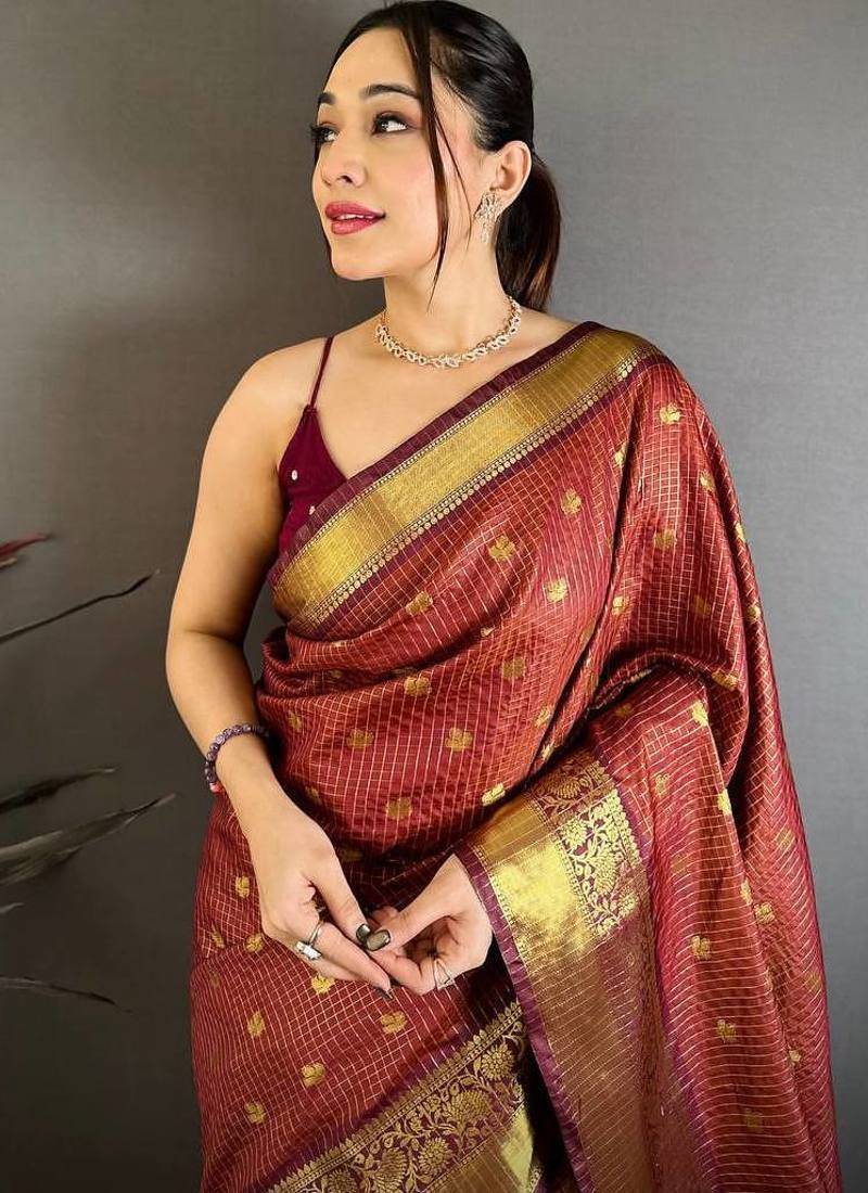 Maroon Color weaving butti work  tissue saree