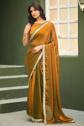 Gold color heavy wedding special designer pre stitched saree