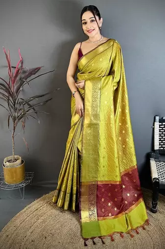 Olive Color weaving butti work  tissue saree