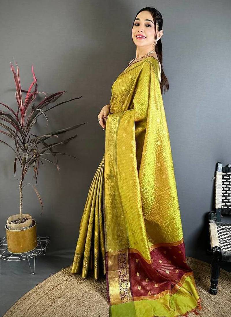 Olive Color weaving butti work  tissue saree