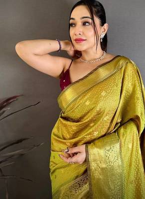 Olive Color weaving butti work  tissue saree 4