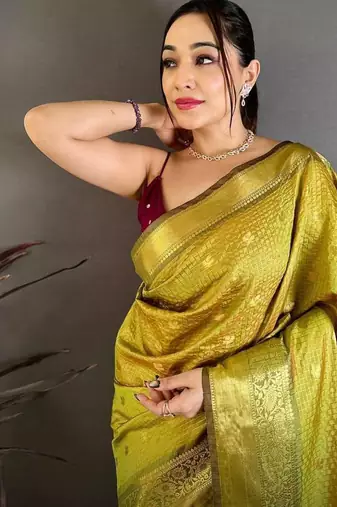 Olive Color weaving butti work  tissue saree