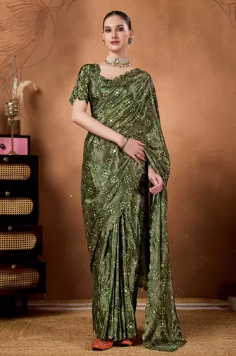 Green color satin silk fabric ready to wear festive rich bandhani saree