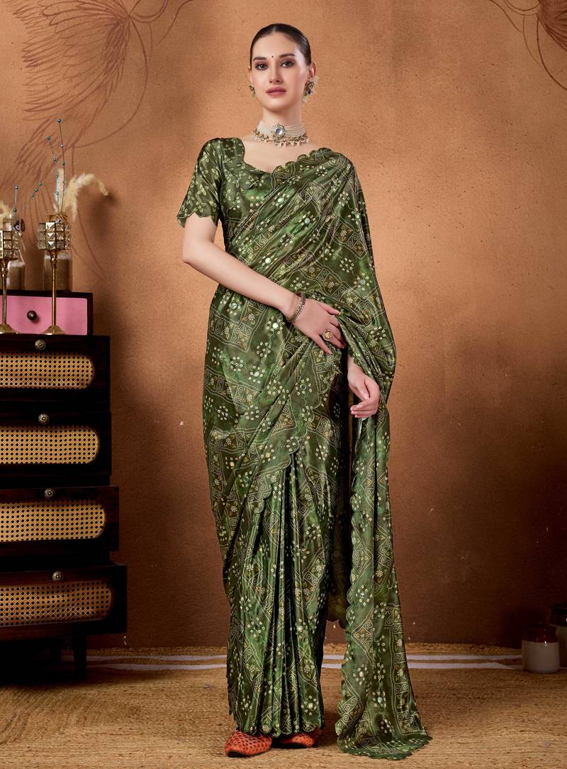 Green color satin silk fabric ready to wear festive rich bandhani saree
