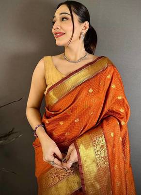 Orange Color weaving butti work  tissue saree 1