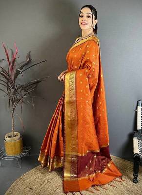 Orange Color weaving butti work  tissue saree 2